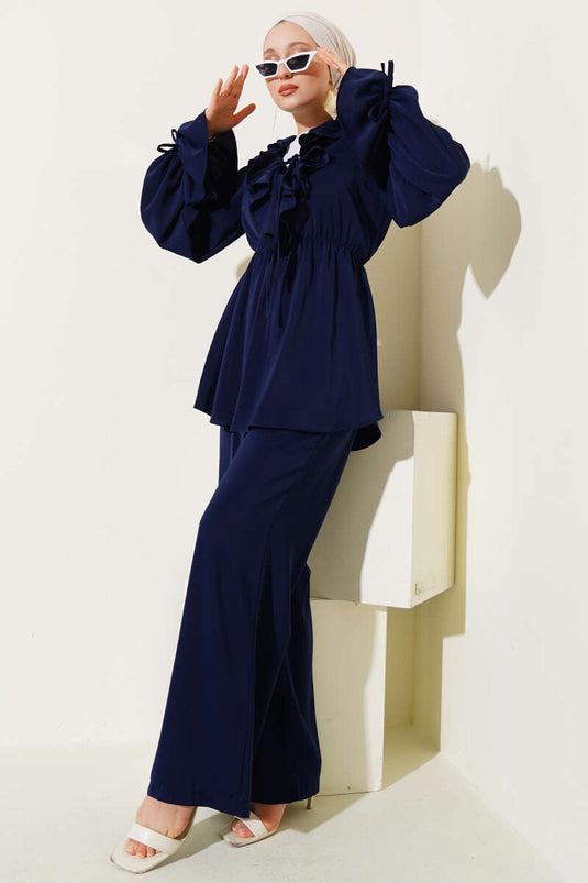 Fırfır Detaylı Bel Lastikli İkili Takım Lacivert