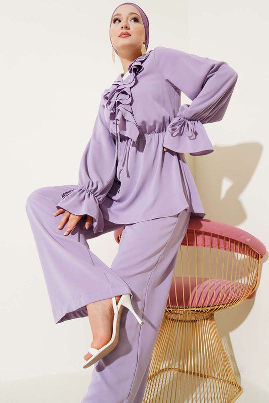Ruffle Detailed Elastic Waist Two Piece Suit Lilac