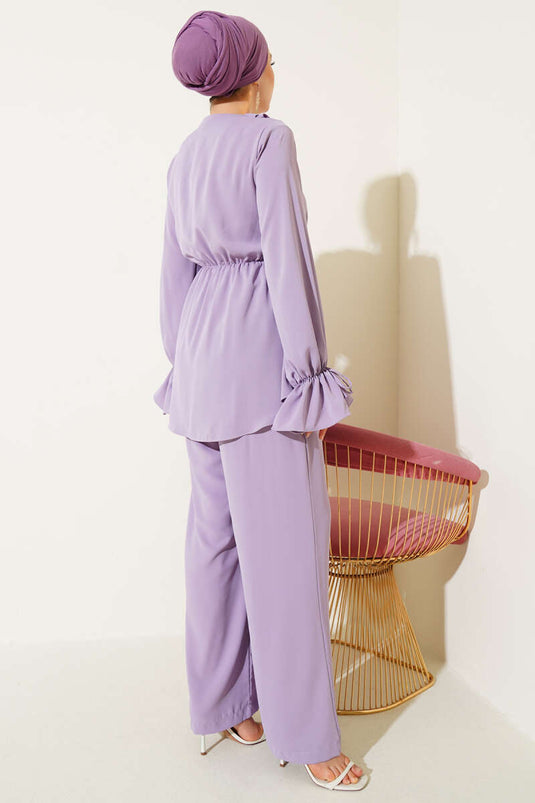 Ruffle Detailed Elastic Waist Two Piece Suit Lilac