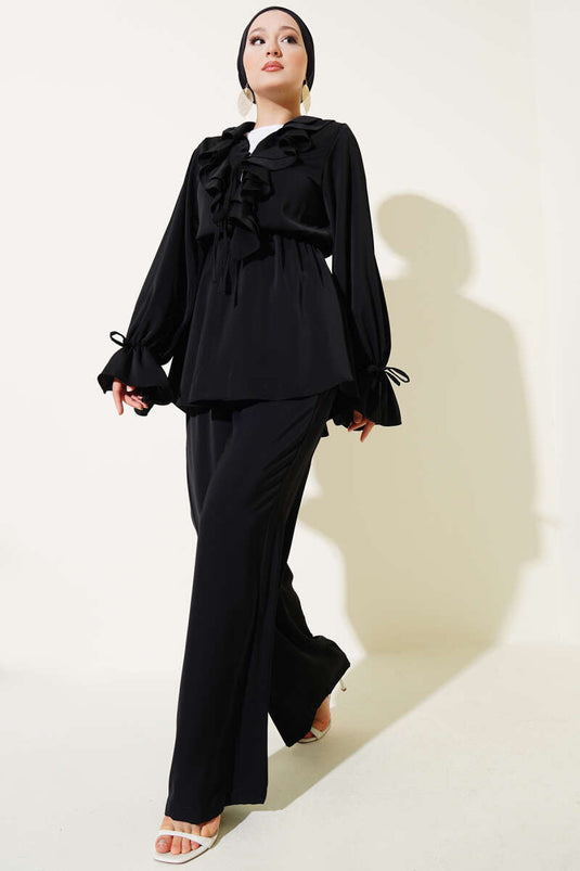 Ensemble deux pièces à volants et taille élastique noir