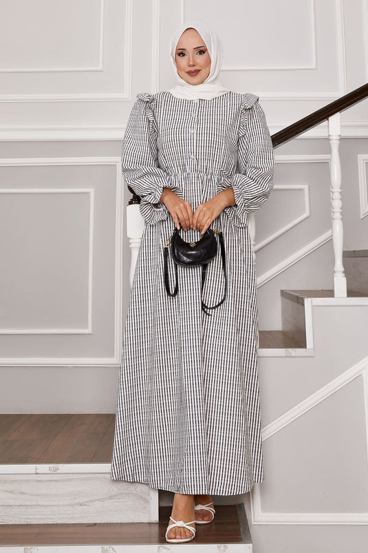 Ruffle Detailed Waist Tie Half Button Dress Black