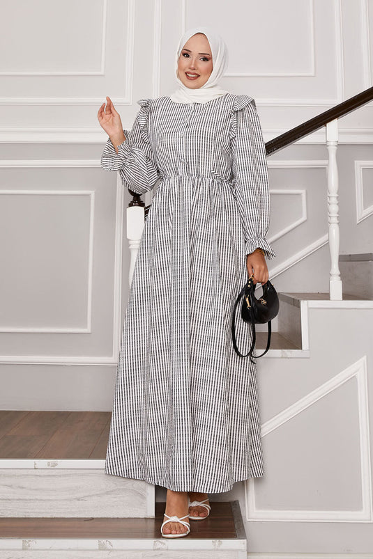 Ruffle Detailed Waist Tie Half Button Dress Black