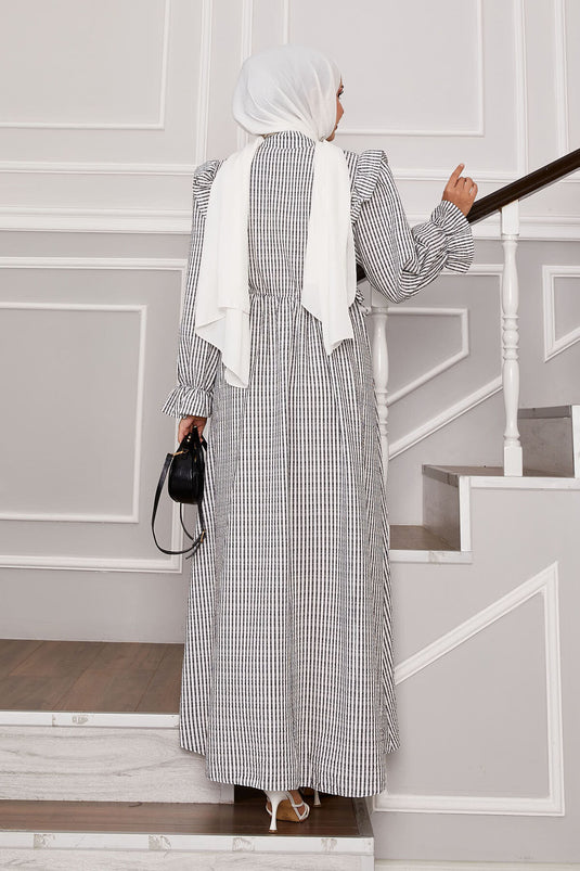 Ruffle Detailed Waist Tie Half Button Dress Black