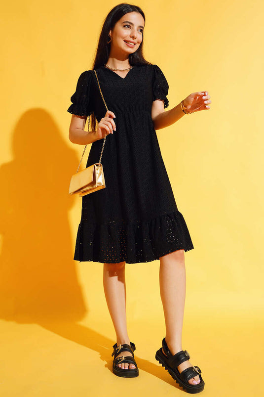 Ruffled Detailed Brocade Dress Black