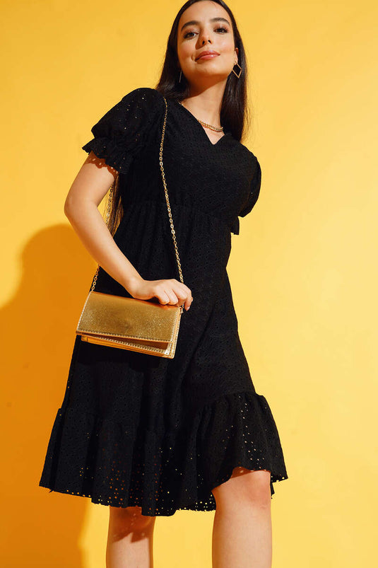 Ruffled Detailed Brocade Dress Black