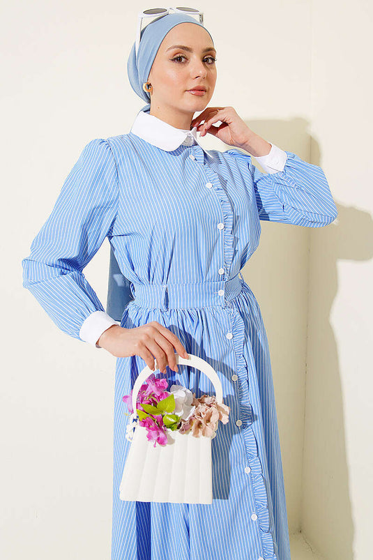 Two-Piece Set with Ruffled Detail and Striped Skirt, Blue