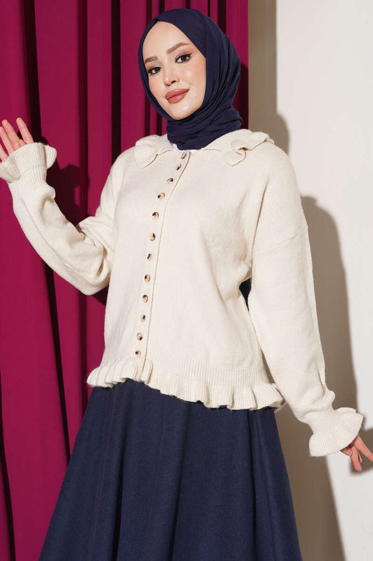 Beige Ruffled Buttoned Knit Cardigan