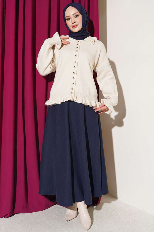 Beige Ruffled Buttoned Knit Cardigan