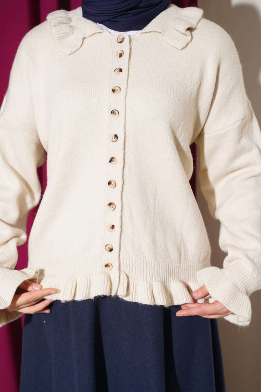 Beige Ruffled Buttoned Knit Cardigan