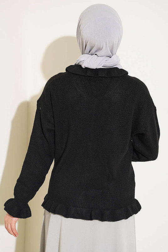 Schwarzer Strick-Cardigan Mit Rüschen Und Knöpfen
