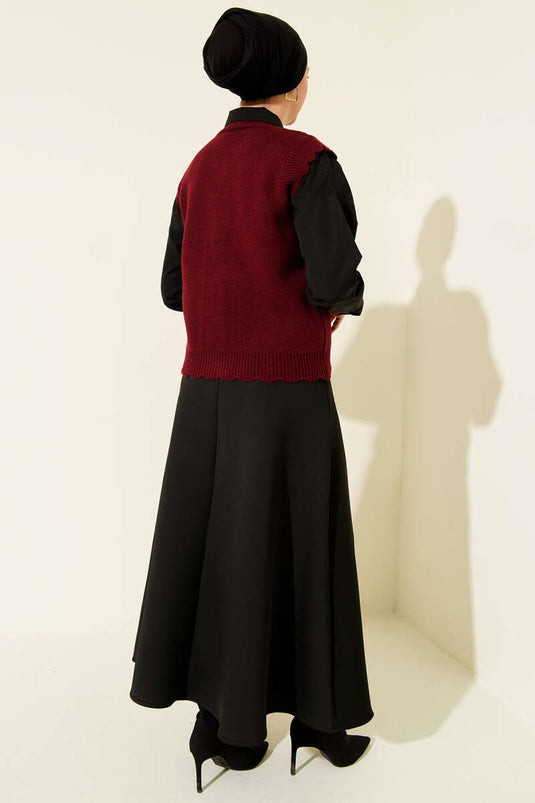 Fırfır Detaylı Düğmeli Triko Yelek Bordo