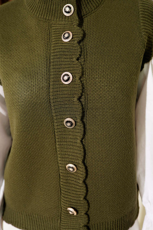 Fırfır Detaylı Düğmeli Triko Yelek Haki