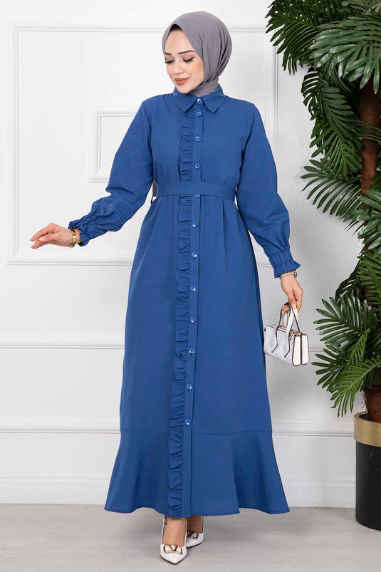 Robe Hijab Longue Détaillée À Volants Indigo