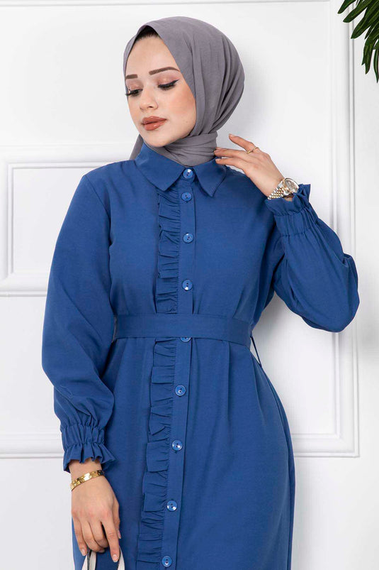 Robe Hijab Longue Détaillée À Volants Indigo