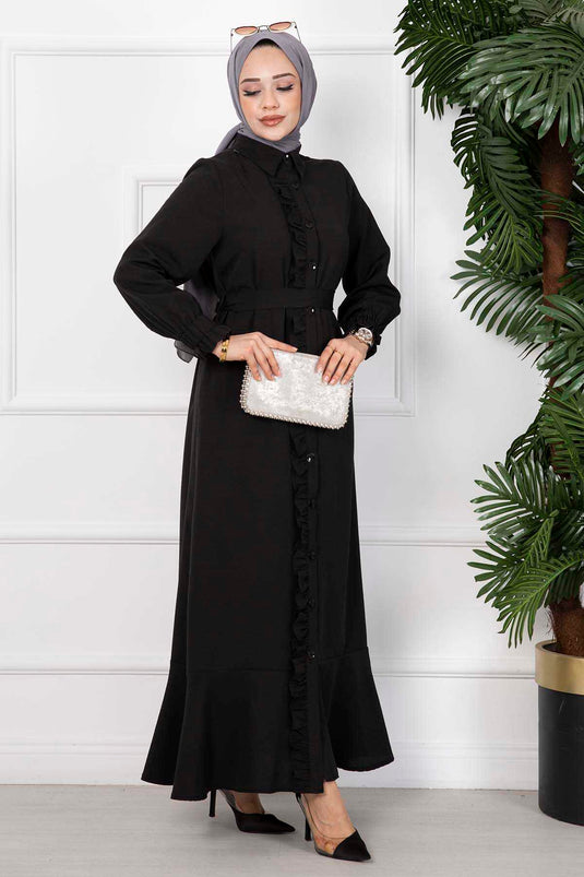 Robe Hijab Longue Détaillée À Volants Noir