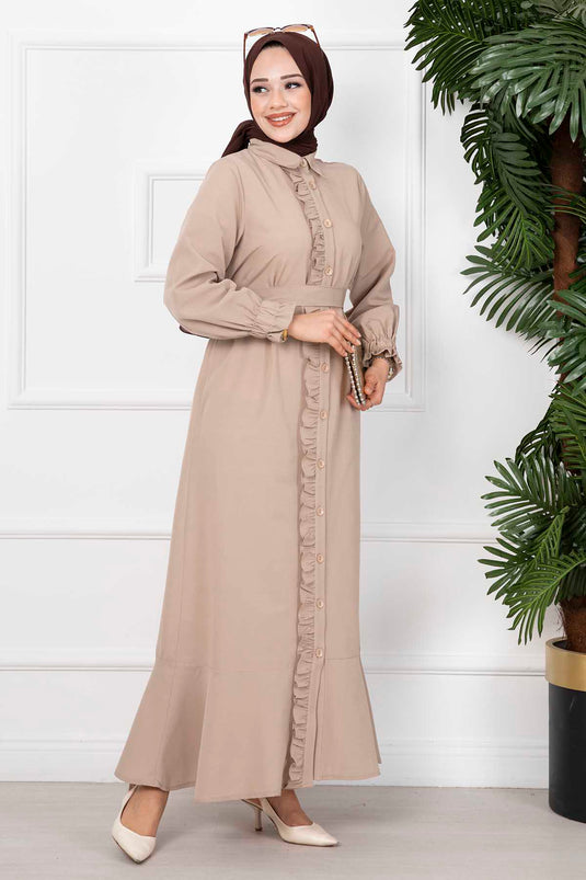 Robe Hijab Longue Détaillée À Volants Pierre