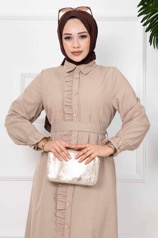 Robe Hijab Longue Détaillée À Volants Pierre