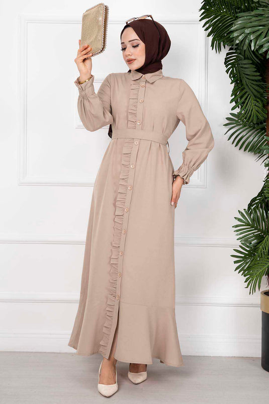 Robe Hijab Longue Détaillée À Volants Pierre