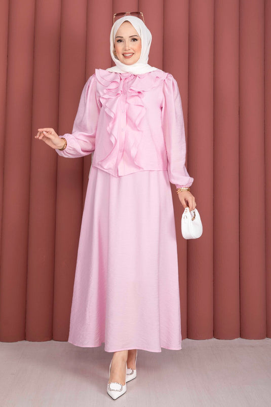 Fırfır Detaylı Etekli İkili Takım Pembe