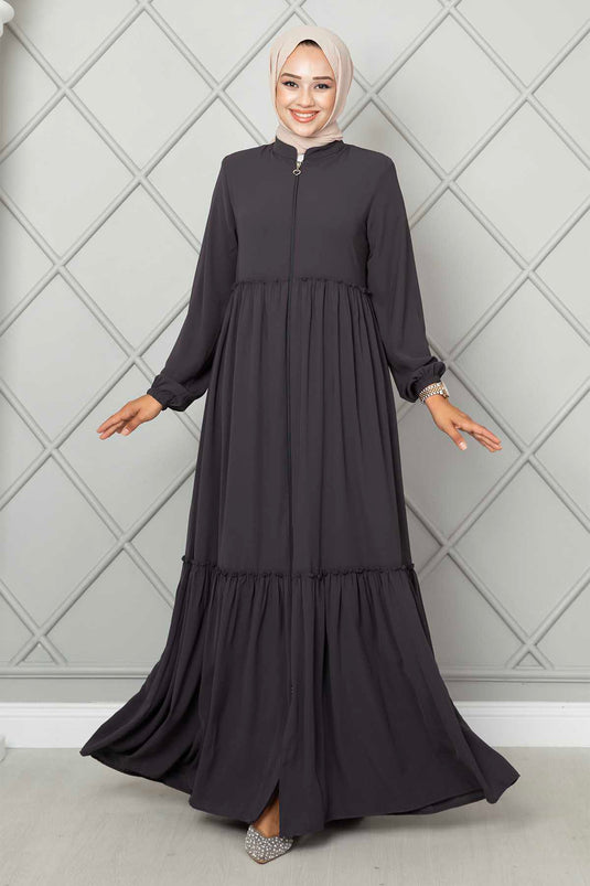 Abaya modeste à volants détaillés de couleur fumée