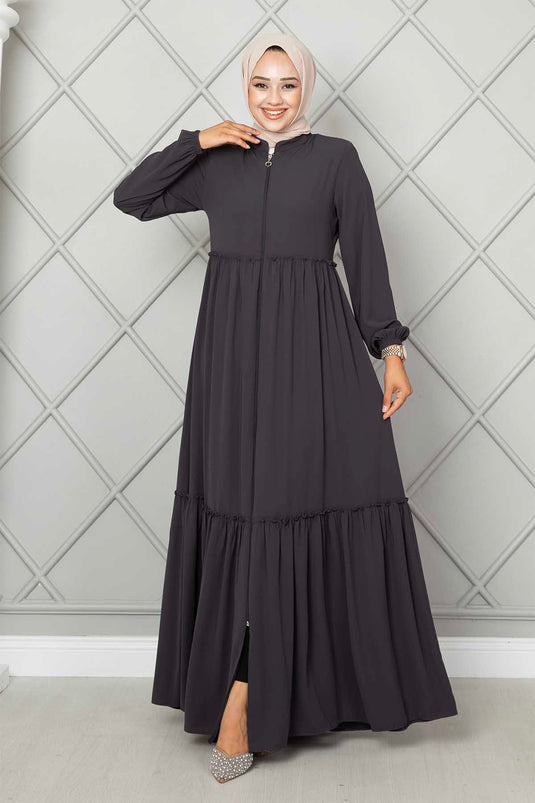 Abaya modeste à volants détaillés de couleur fumée