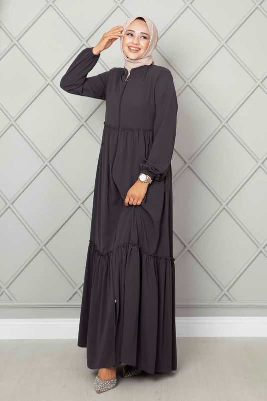 Abaya modeste à volants détaillés de couleur fumée