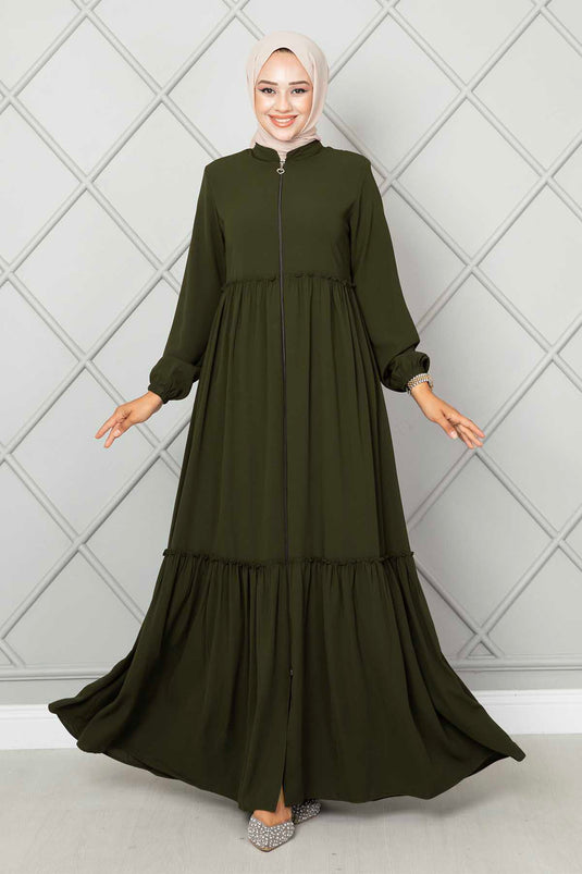 Frill Detailed Hijab Abaya Khaki