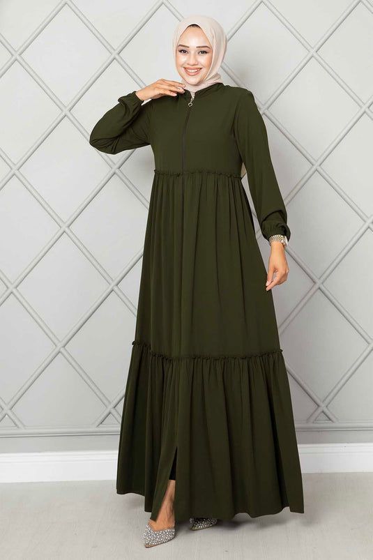 Frill Detailed Hijab Abaya Khaki