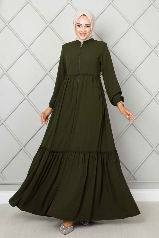 Abaya con hiyab con volantes y detalles en color caqui