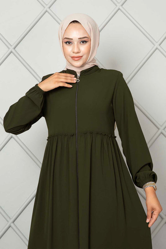 Frill Detailed Hijab Abaya Khaki