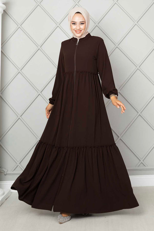 Ruffled Detail Hijab Abaya Dark Brown