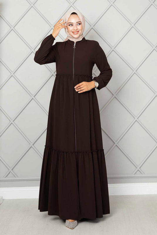 Ruffled Detail Hijab Abaya Dark Brown