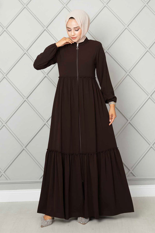 Ruffled Detail Hijab Abaya Dark Brown