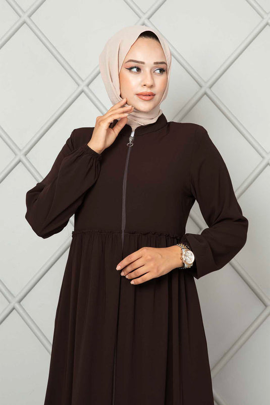 Ruffled Detail Hijab Abaya Dark Brown