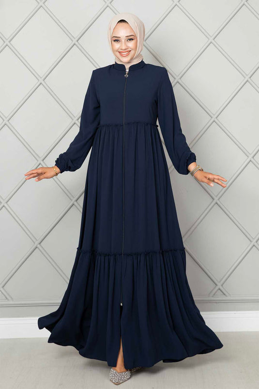 Abaya con hiyab con volantes y detalles en azul marino