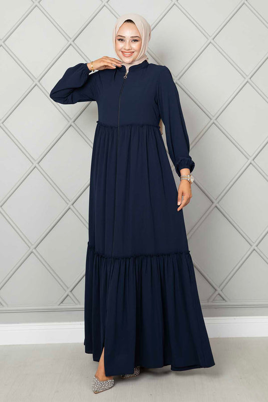 Frill Detailed Hijab Abaya Navy Blue