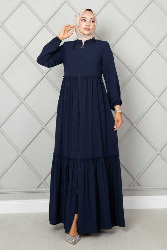 Abaya con hiyab con volantes y detalles en azul marino