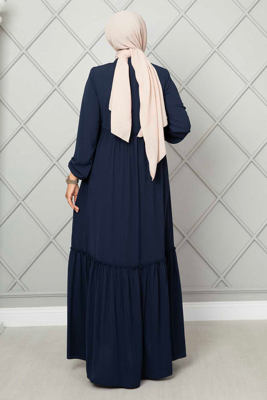 Frill Detailed Hijab Abaya Navy Blue