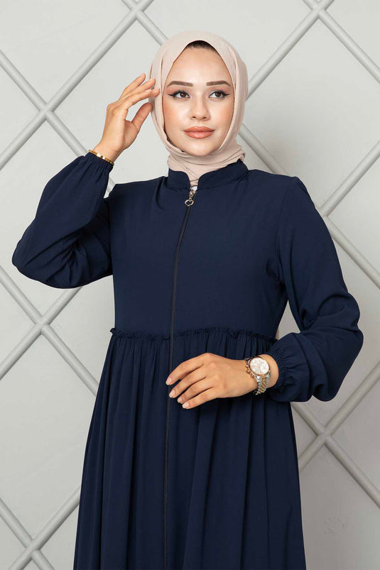 Frill Detailed Hijab Abaya Navy Blue