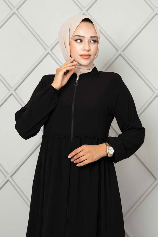 Frill Detailed Hijab Abaya Black