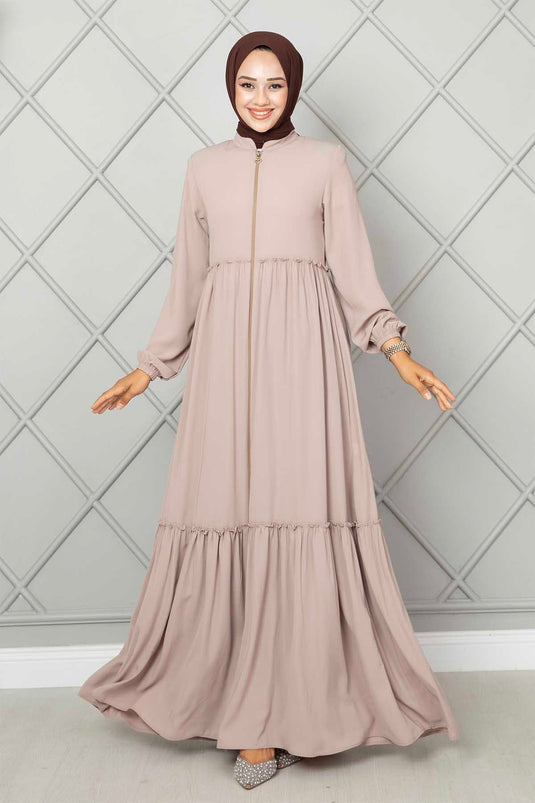 Frill Detailed Hijab Abaya Beige