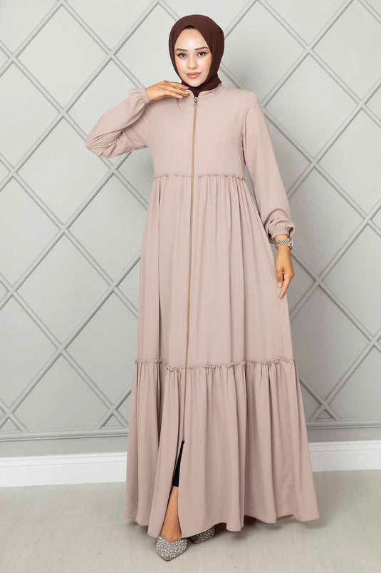 Frill Detailed Hijab Abaya Beige