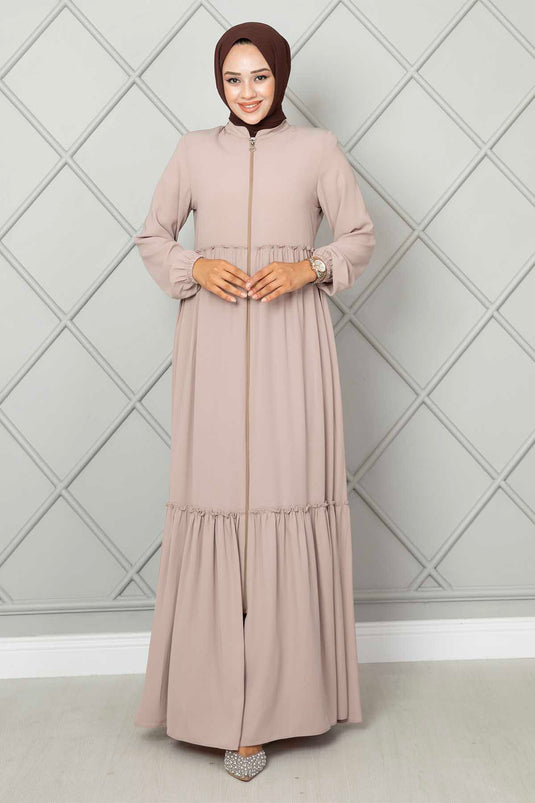 Frill Detailed Hijab Abaya Beige