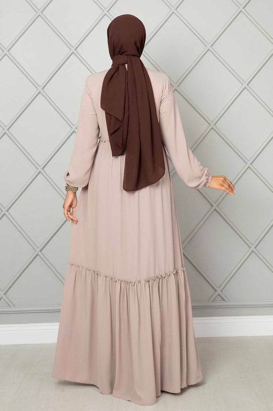 Frill Detailed Hijab Abaya Beige