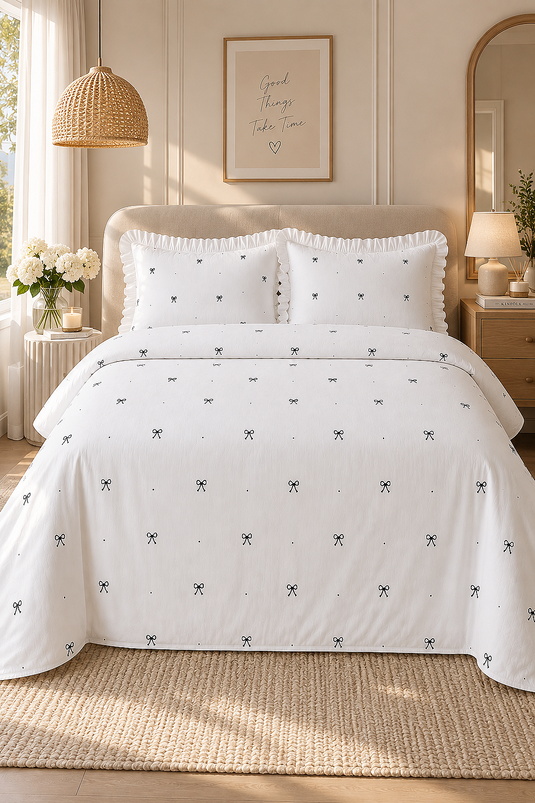 Weiße Doppelbett-Bettwäsche Mit Rüschen Und Schleife