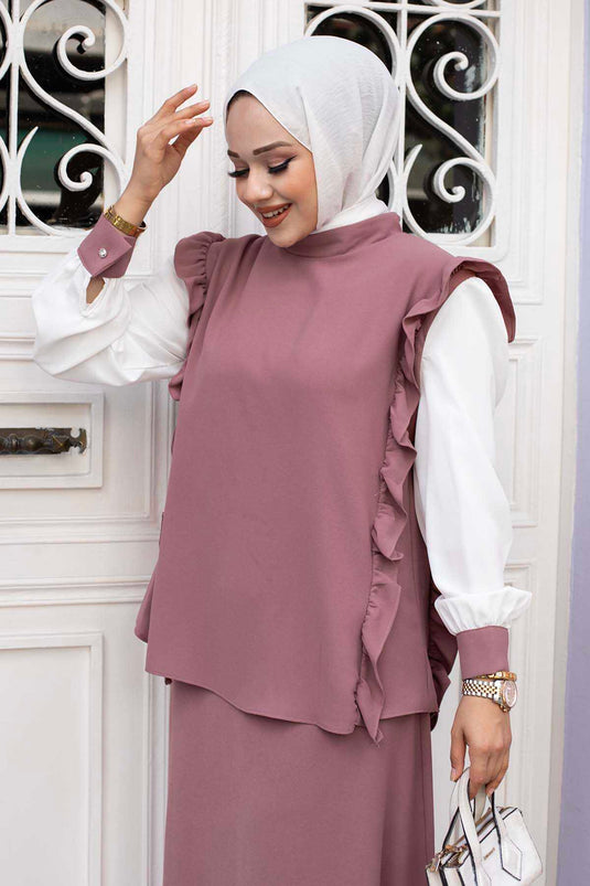 Costume double hijab détaillé à volants, rose séchée