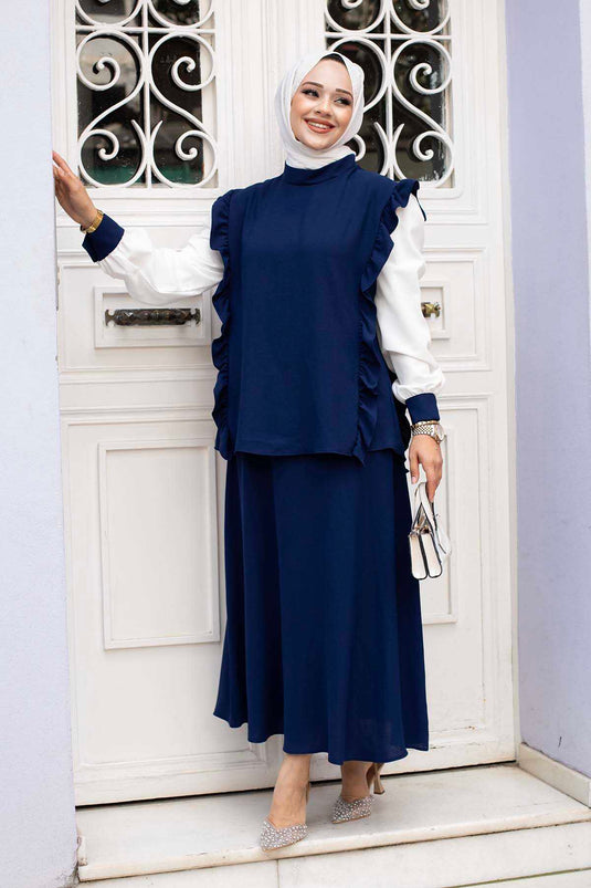 Costume double hijab détaillé à volants bleu marine