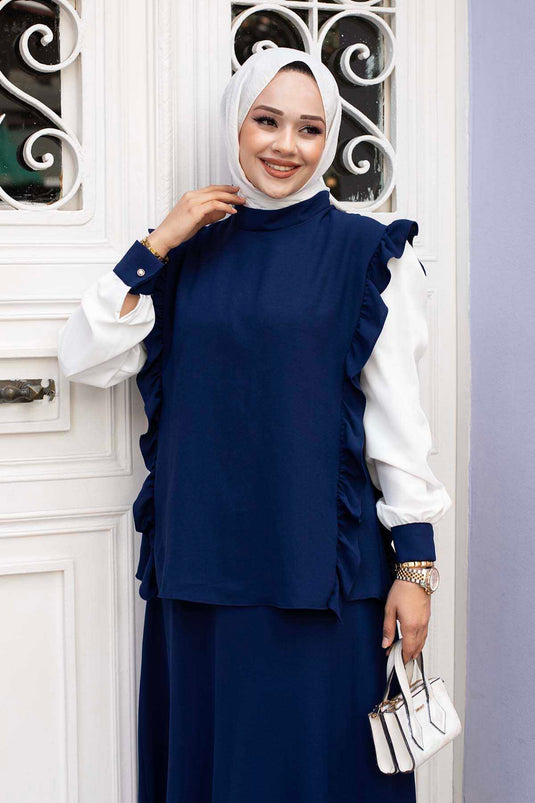 Costume double hijab détaillé à volants bleu marine