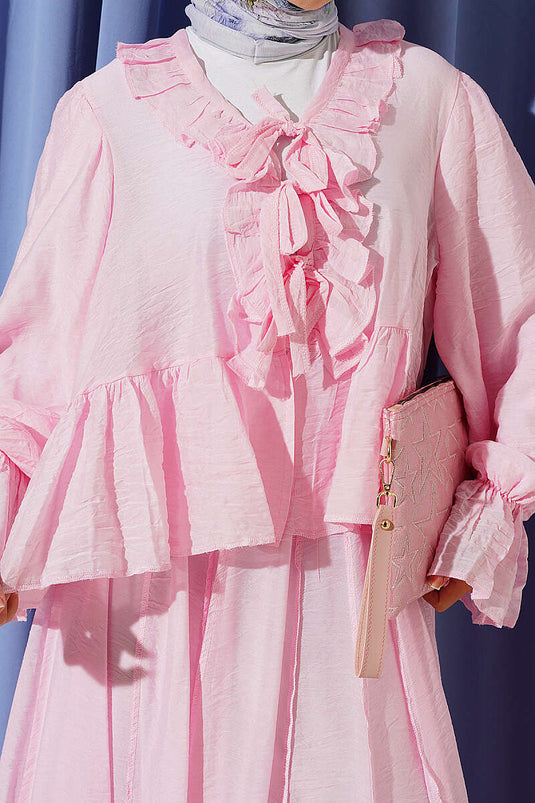 Fırfır Detaylı İp Bağlamalı Etekli İkili Takım Pembe