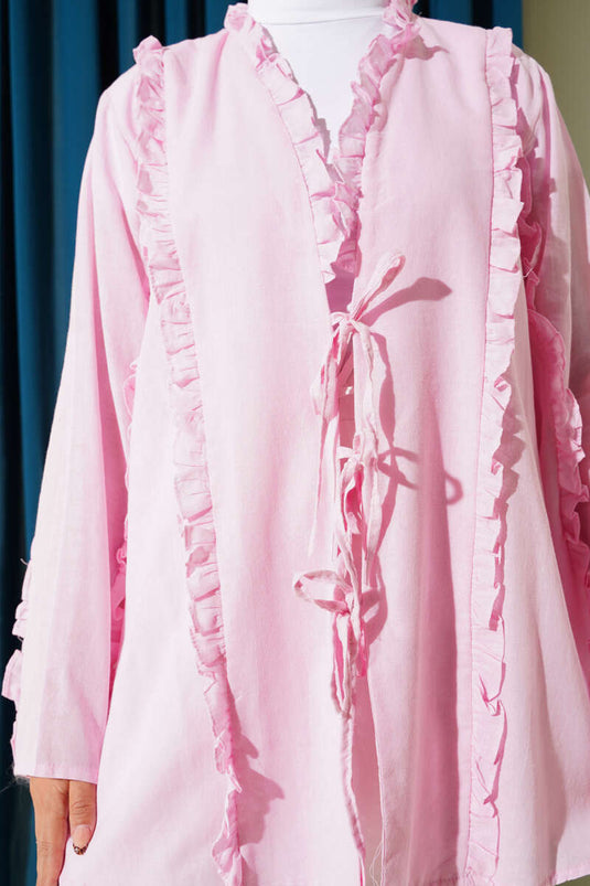 Fırfır Detaylı Kimono Pembe